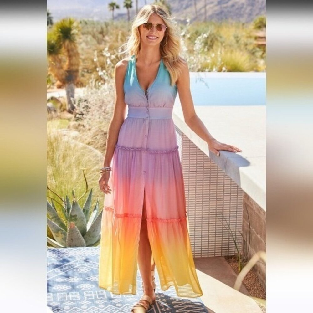 Boston Proper Ombre Boho Maxi Dress Size M | Rainbow Gradient Tiered Sleeveless